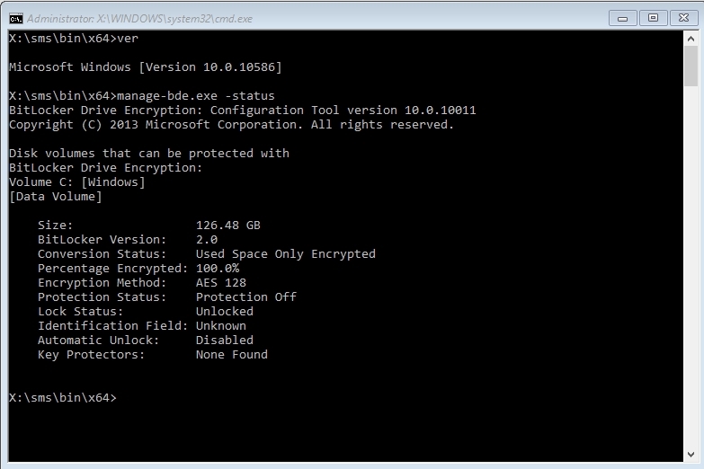 Screenshot of the bde status command output after using the task sequence step, which shows the encryption method is again set to AES 128.