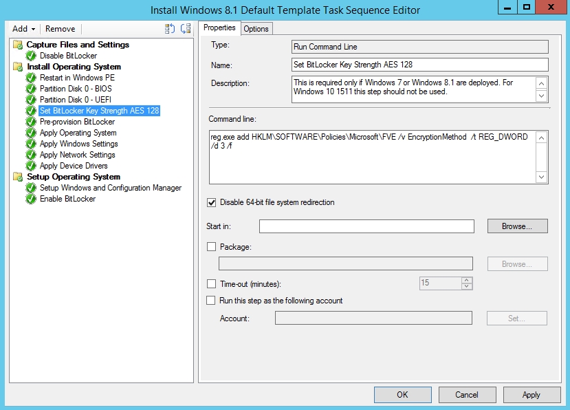 Screenshot of the properties of the added task sequence step: Set BitLocker Key Strength AES 128.