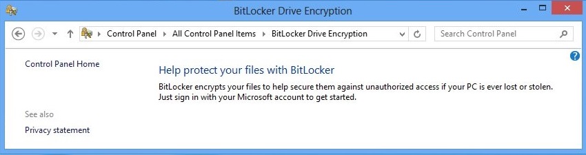 Screenshot of the BitLocker Drive Encryption page in Control Panel.