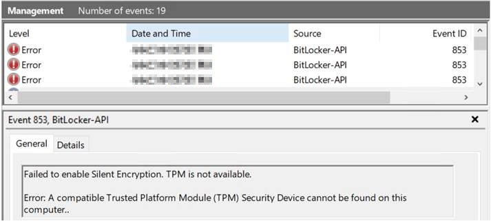 Screenshot of details of event ID 853 (TPM is not available, cannot find TPM).