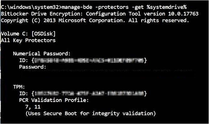 Screenshot of the output of the manage-bde.exe command.
