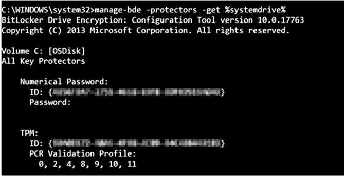 Screenshot of the output of the manage-bde command when PCR 7 is not present.