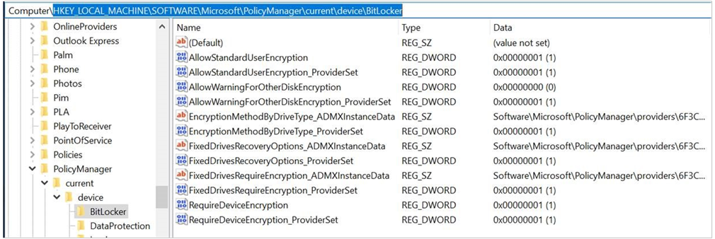 Screenshot of the Registry subkeys that relate to Intune policy.