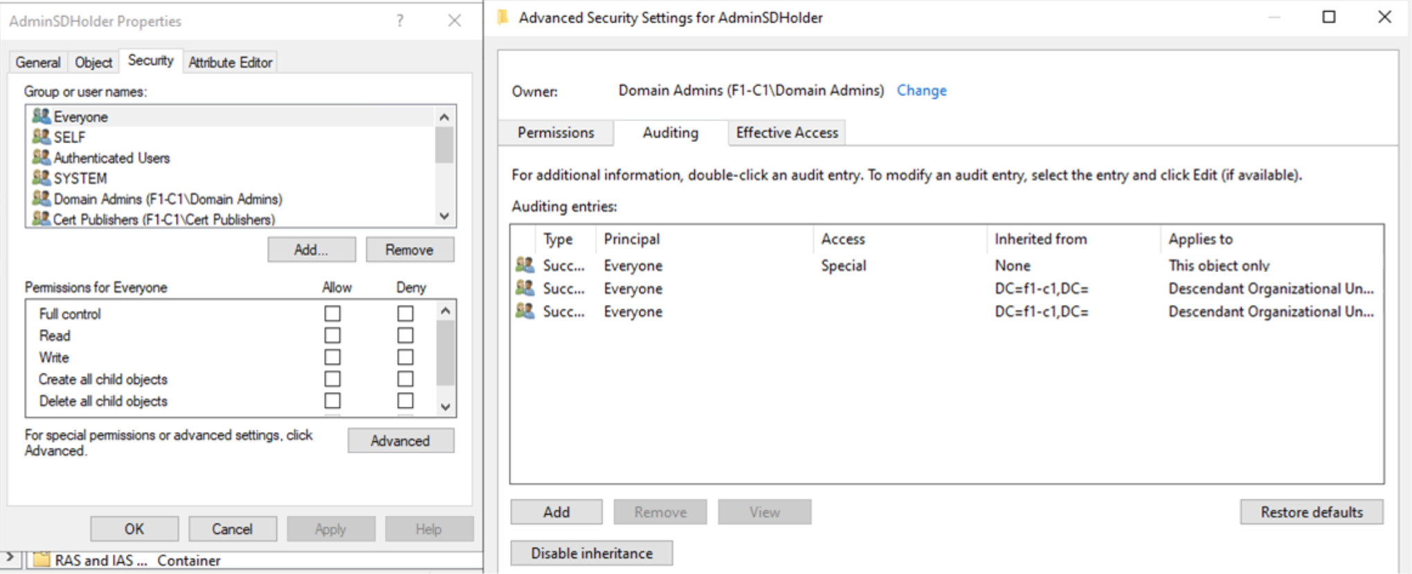 Screenshot of the Advanced Security Settings for AdminSDHolder window showing the Auditing entries on the Auditing tab.
