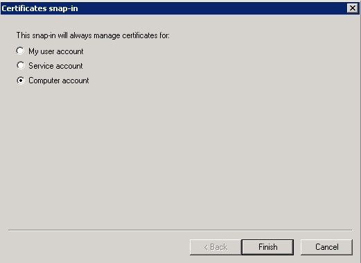 Screenshot of the Certificate snap-in window with Computer account selected.