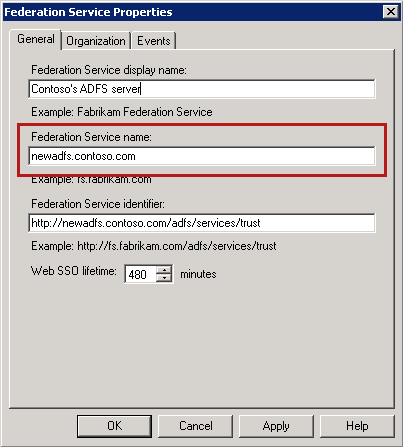 Screenshot of the Federation Service Properties window showing the Federation Service name.
