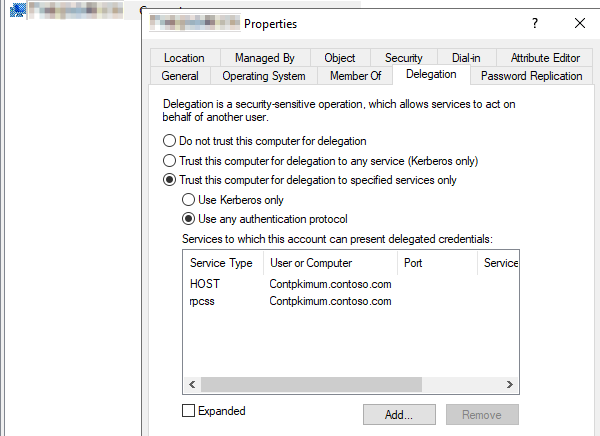 Select Use any authentication protocol under the Trust this computer for delegation to specified services only option.