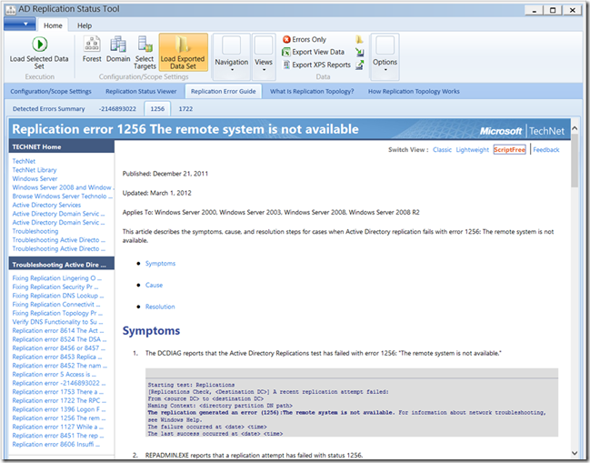 The TechNet article for Active Directory Replication Error 1256 is displayed.