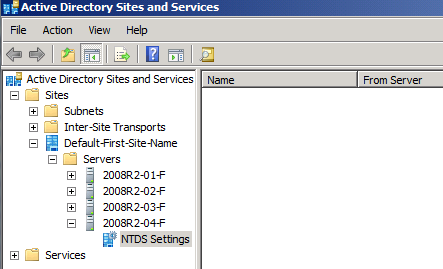 Find the NTDS Settings object in the Servers folder by expanding the Default-first-site-name folder under the Sites folder.