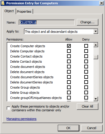 Screenshot of the Permission Entry for Computers window showing the Create Computer objects and Read all properties permissions.