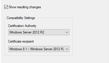 Screenshot of the compatibility settings of a certificate template, showing the compatibility level set to Windows Server 2012 R2 and Windows 8.1.