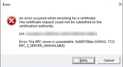 Screenshot that shows the error message during certificate enrollment.