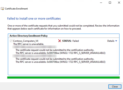 Screenshot that shows the progress window of certificate enrollment.