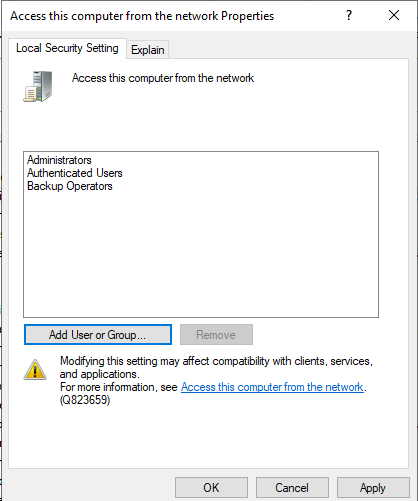 Screenshot that shows the properties window of the 'Access this computer from the network' group policy.