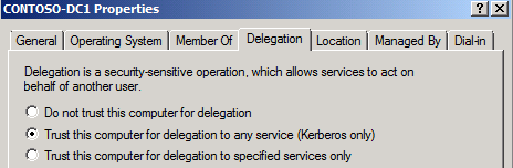 The Trusted this computer for delegation to any service option under the Delegation tab in the D C Properties dialog box.