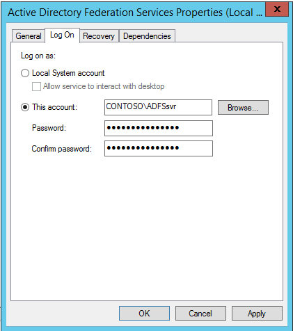 Input the A D F S service name under the Log On tab in the Active Directory Federation Services Properties dialog box.
