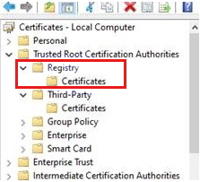 Screenshot of the certificates management console in which Certificates under Registry is selected.