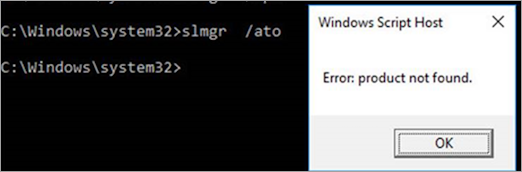 Screenshot of the Command Prompt window showing the slmgr /ato command and the resulting Product Not Found error message.