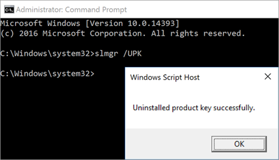 Screenshot showing the slmgr /upk command and its result.