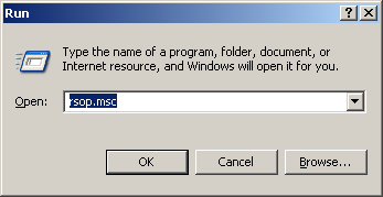 Screenshot of the Run window with rsop.msc typed in the Open box.