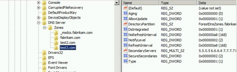 Screenshot of the Registry Editor window with zone transfer settings after the restore operation.