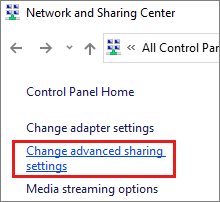 Screenshot of Change advanced sharing settings in the Network and Sharing Center window.