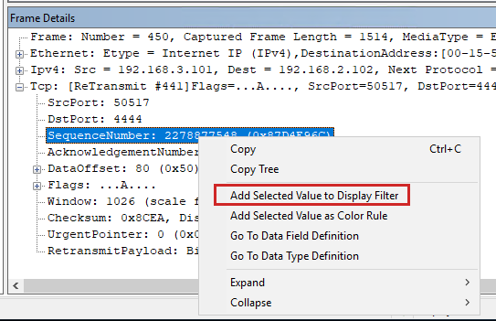 Selecting the Add Selected Value to Display Filter option in Frames Details after you right-click the SequenceNumber.