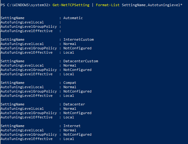 PowerShell cmdlet for checking whether the autotuning level is enabled.