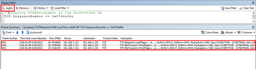 Selecting the Apply button to show the complete TCP sequence.