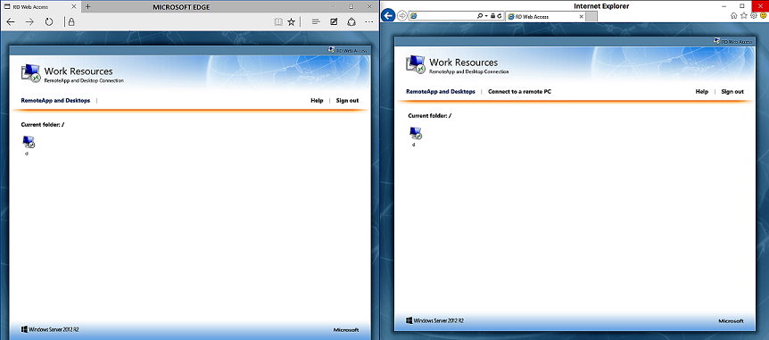 Screenshots of two windows, one is RDWEB working in EDGE, and the other one is RDWEB working in IE.