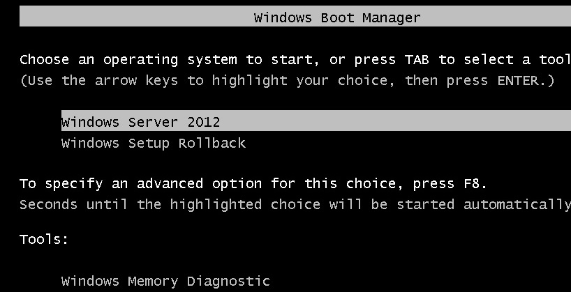 Windows boot loader defaults to booting Windows Server 2012.