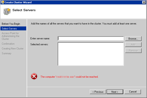 Screenshot of the Create Cluster Wizard showing the computer can't be reached error.