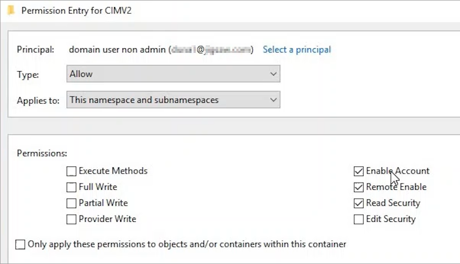 Screenshot of the permission entry for CIMV2 with the appropriate permissions selected.