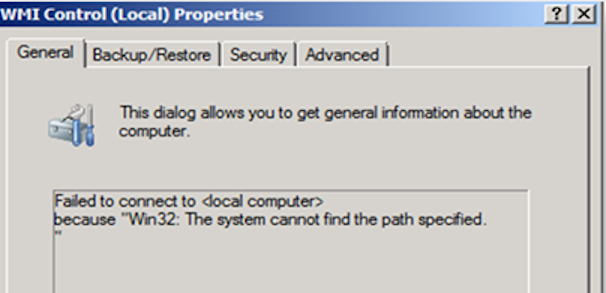 Screenshot of the WMI Control (Local) Properties window showing the system cannot find the path specified error.