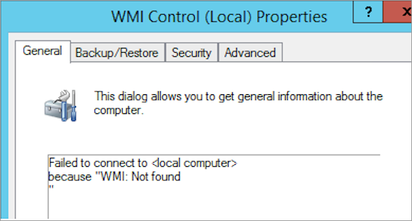 Screenshot of the WMI Control (Local) Properties window showing the WMI Not Found error.