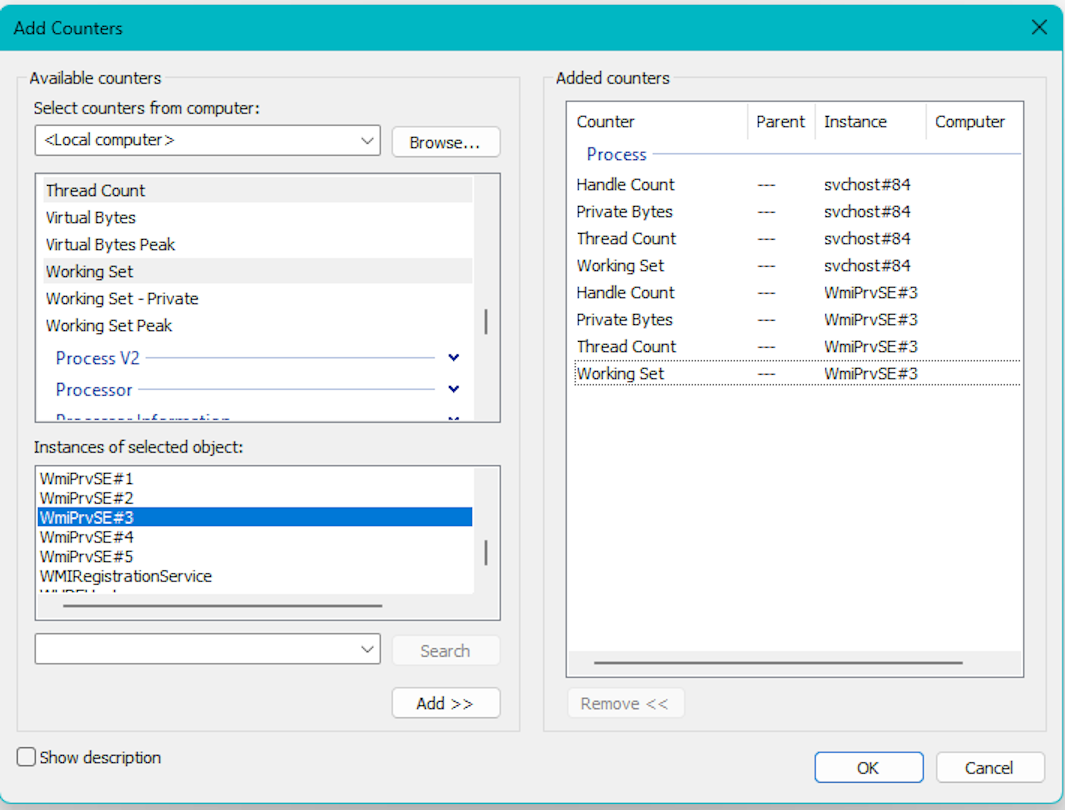 Screenshot of the Add Counters window with the WmiPrvse# instance selected.