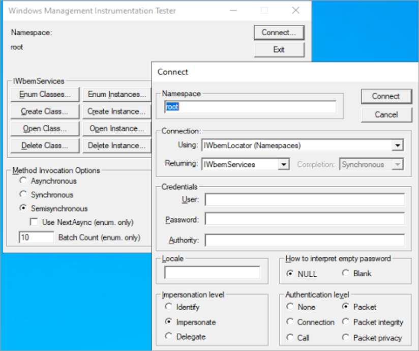 Screenshot of the Windows Management Instrumentation Tester window showing how to connect to the root namespace.