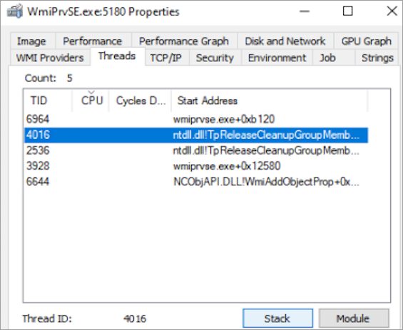 Screenshot of the WmiPrvse.exe 5180 Properties window with Thread ID 4016 selected.