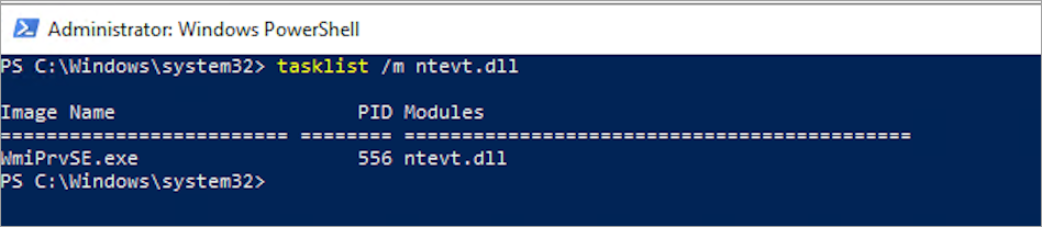 Screenshot showing that the CIMWin32.dll provider is loaded in two different WmiPrvse.exe instances and their PID.
