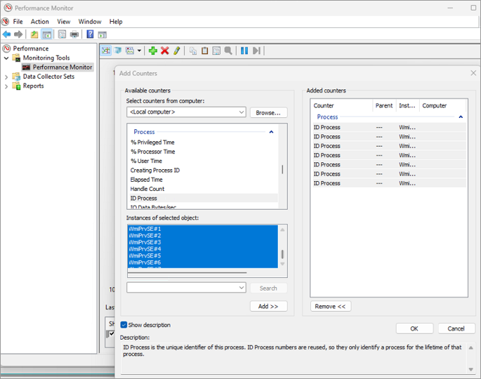 Screenshot shows how to add ID Process counters.