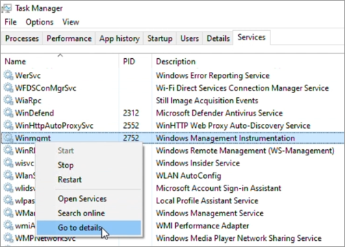 Screenshot shows the services via task manager.