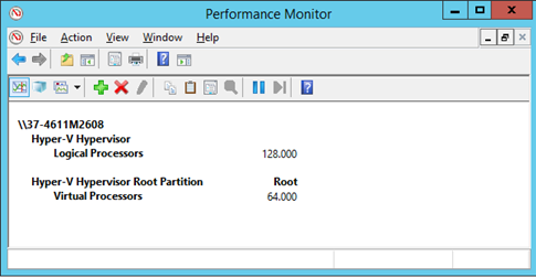 Screenshot of the total number of logical and virtual processors in Performance Monitor.