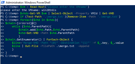 Screenshot of the script after it's pasted into a PowerShell window.