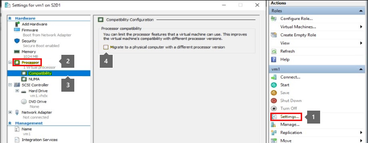 Screenshot shows the options in the Hyper-V Manager console.