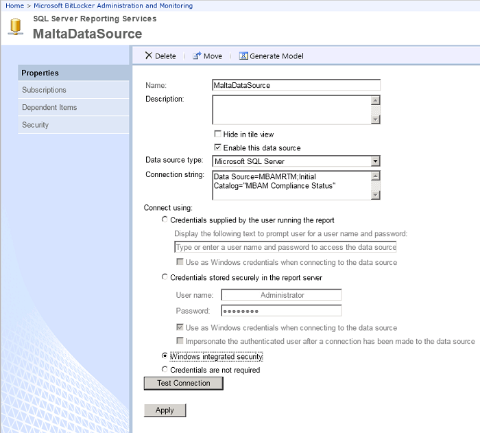 Properties setting page of Malta Data Source.