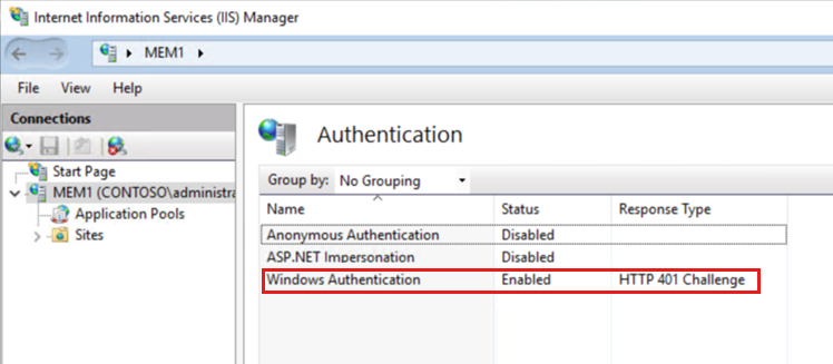 Screenshot of the Internet Information Services Manager window showing Windows Authentication is Enabled.