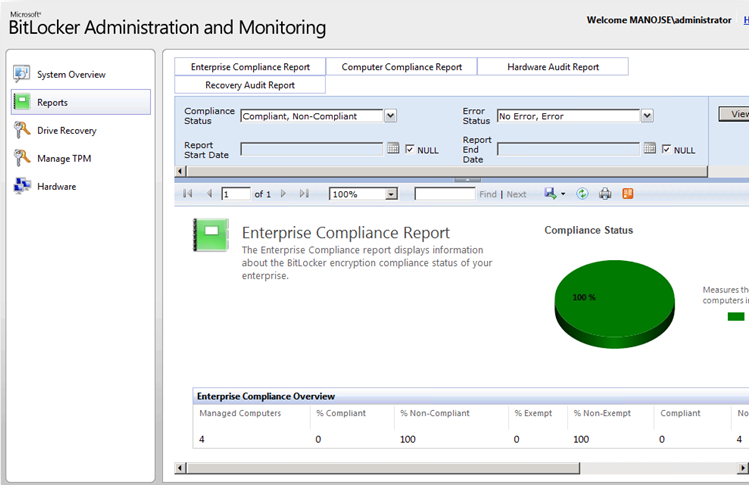 Screenshot of the MBAM Enterprise Reports in the BitLocker Administration and Monitoring window.