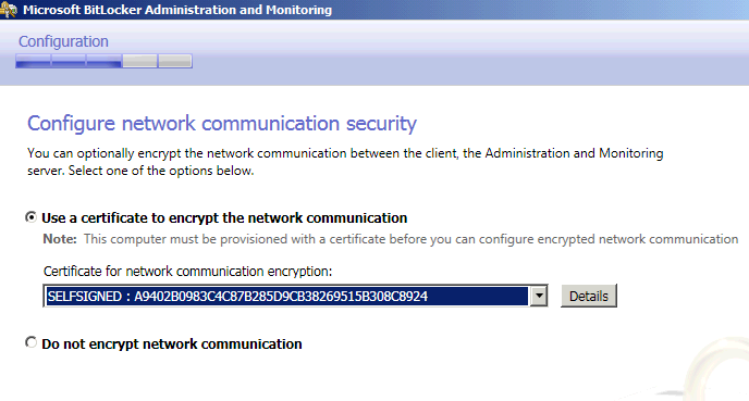 Screenshot of the Microsoft BitLocker Administration and Monitoring window, which shows the certificate for network communication encryption.