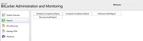 Screenshot of the BitLocker Administration and Monitoring window which has the Reports option selected on the left pane.