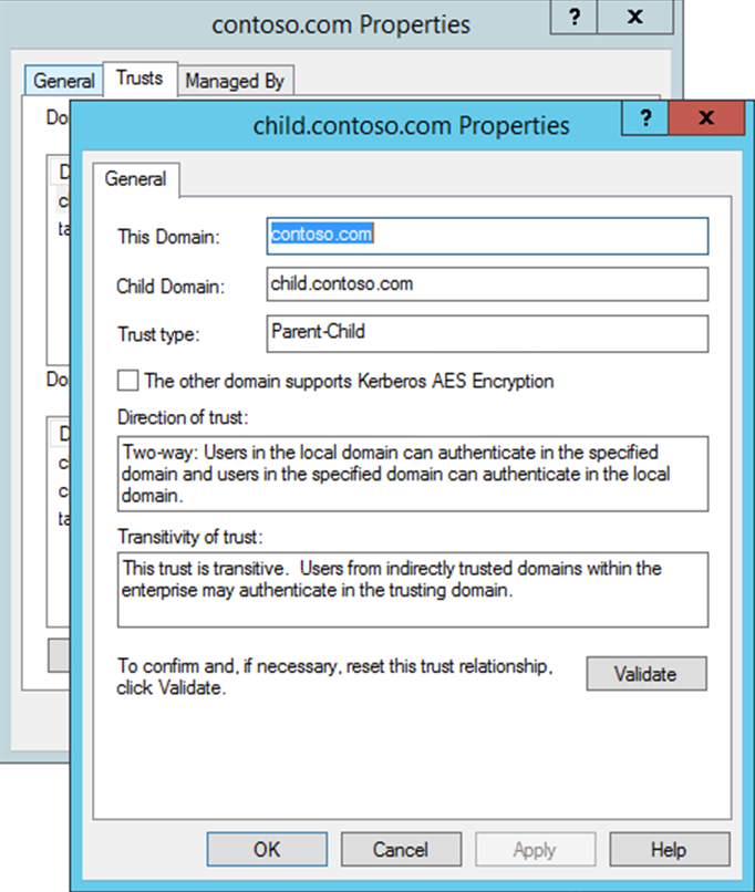 Screenshot of the properties of a child domain, and the Properties window includes the other domain supports Kerberos AES Encryption checkbox.